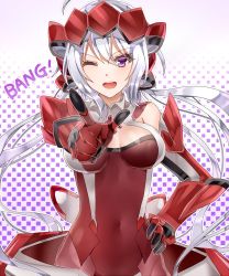 Rule 34 | 10s, 1girl, ahoge, bare shoulders, blush, breasts, checkered background, cleavage, english text, finger gun, hand on own hip, highres, one eye closed, open mouth, purple eyes, resyeol, senki zesshou symphogear, silver hair, solo, teeth, yukine chris