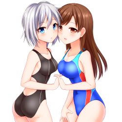 Rule 34 | 10s, 2girls, anastasia (idolmaster), ass, bare shoulders, blue eyes, blush, breasts, brown eyes, brown hair, butt crack, competition swimsuit, covered navel, faubynet, holding hands, highres, idolmaster, idolmaster cinderella girls, idolmaster cinderella girls starlight stage, long hair, looking at viewer, multiple girls, nitta minami, one-piece swimsuit, open mouth, short hair, silver hair, sketch, smile, swimsuit, yuri