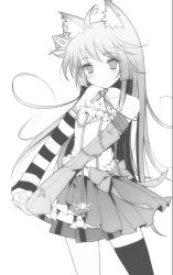 Rule 34 | 1girl, animal ears, asymmetrical clothes, bare shoulders, bow, chain, female focus, greyscale, own hands clasped, ideolo, long hair, monochrome, original, own hands together, single thighhigh, solo, striped, thighhighs, white background
