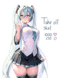 Rule 34 | 1girl, absurdres, aqua eyes, aqua hair, bare shoulders, black skirt, blush, breasts, detached sleeves, green necktie, hair between eyes, hair ornament, hand up, hatsune miku, highres, long hair, looking at viewer, machulanko, medium breasts, meme, miniskirt, necktie, pleated skirt, shiny skin, simple background, skirt, sleeveless, smile, solo, thighhighs, tie clip, twintails, twitter strip game (meme), very long hair, vocaloid, white background