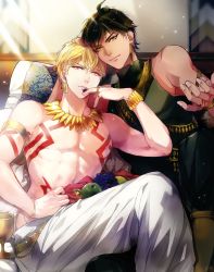 Rule 34 | 2boys, abs, ahoge, armlet, bare pectorals, bed, black pants, black shirt, blonde hair, bodypaint, bracelet, brown hair, chalice, cup, dark-skinned male, dark skin, earrings, fate/grand order, fate (series), feet out of frame, food, fruit, gilgamesh (fate), jewelry, light rays, looking at viewer, lying, male focus, multiple boys, necklace, ozymandias (fate), pants, pectorals, pillow, red eyes, revealing clothes, ring, sakura hitsuji, shirt, short hair, signature, sleeveless, sleeveless shirt, smile, sunbeam, sunlight, tattoo, tight clothes, tight shirt, toned, toned male, tooth necklace, topless male, white pants, yaoi, yellow eyes