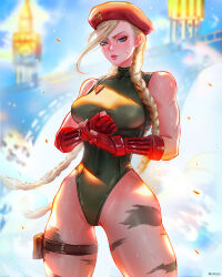 Rule 34 | 1girl, blonde hair, blue eyes, braid, breasts, cammy white, gloves, green leotard, hat, highres, leotard, looking at viewer, mcdobo, medium breasts, muscular, muscular female, narrow waist, red gloves, red hat, scar, scar on face, solo, street fighter, street fighter 6, thigh strap, thighs, twin braids