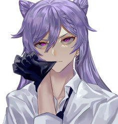 Rule 34 | 1girl, biting, black gloves, braid, collared shirt, commentary, cone hair bun, double bun, earrings, english commentary, formal, genshin impact, glove biting, gloves, hair bun, highres, jewelry, keqing (genshin impact), long hair, long sleeves, necktie, open mouth, purple eyes, purple hair, reki (user rcrd4534), shirt, simple background, solo, suit, white background, white shirt