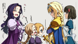 Rule 34 | 5girls, :d, alice zuberg, armor, blonde hair, blue cape, braid, braided ponytail, brown hair, cape, character request, closed eyes, crossed arms, fanatio synthesis two, fizel (sao), from side, frown, gold armor, green eyes, grey background, hair ornament, hair over eyes, hairband, hand on own cheek, hand on own face, highres, linel (sao), long hair, multiple girls, open mouth, pauldrons, purple armor, purple cape, purple hair, sheath, sheathed, shikei, short hair, shoulder armor, simple background, single braid, smile, standing, sweatdrop, sword, sword art online, trembling, twin braids, twintails, walking, weapon, white hairband