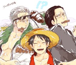 Rule 34 | !?, 3boys, animal eyes, black hair, cigar, crocodile (one piece), fur trim, gloves, hat, image sample, jewelry, male focus, monkey d. luffy, multiple boys, one piece, open clothes, open shirt, pirate, pixiv sample, ring, scar, shirt, slit pupils, smile, smoker (one piece), smoking, straw hat, sunglasses, white hair, yellow eyes