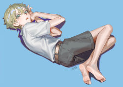 Rule 34 | 1boy, absurdres, barefoot, belt, black shorts, blonde hair, blue background, blue eyes, commentary request, crying, crying with eyes open, fang, feet, full body, hair between eyes, highres, looking at viewer, lying, male focus, on side, open mouth, original, shadow, shirt, shirt tucked in, short hair, short sleeves, shorts, simple background, soles, solo, t-shirt, tears, teeth, toes, torino kawazu, upper teeth only, very short hair, white shirt