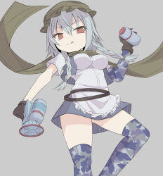 Rule 34 | :q, apron, belt, black belt, blue skirt, blue vest, braid, breasts, camouflage gloves, camouflage socks, canister, dekaraitaa, elbow gloves, flat color, frilled apron, frilled hat, frills, gloves, green gloves, green headwear, green scarf, grey background, grey hair, hat, highres, izayoi sakuya, izayoi sakuya (flower viewing), maid, medium breasts, medium hair, miniskirt, mob cap, official alternate costume, open clothes, open vest, paint gun, red eyes, scarf, single glove, skirt, thighhighs, tongue, tongue out, touhou, touhou cannonball, twin braids, vest, white apron