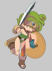 Rule 34 | 1girl, belt, blue eyes, boots, chibi, circlet, curly hair, dragon quest, dragon quest iv, full body, gloves, green hair, heroine (dq4), highres, leotard, looking at viewer, mota, one eye closed, open mouth, shield, short hair, simple background, single thighhigh, solo, square enix, sword, thighhighs, weapon