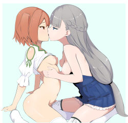 Rule 34 | 2girls, arm support, blue background, blue dress, blue eyes, bottomless, braid, breasts, brown eyes, brown hair, clothes lift, clothes pull, commentary request, dress, dress pull, french braid, from side, grey hair, hand on another&#039;s back, hand on another&#039;s chest, highres, kanne (sousou no frieren), kiss, lawine (sousou no frieren), long hair, medium breasts, multiple girls, nipples, profile, roq, shirt, shirt lift, simple background, small breasts, sousou no frieren, thighhighs, two side up, white shirt, white thighhighs, yuri