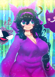Rule 34 | 1girl, :3, @ @, ahoge, alternate costume, artist name, black eyes, black hair, blush, breasts, cleavage, closed eyes, closed mouth, collarbone, colored sclera, cosplay, cowboy shot, creatures (company), dress, fangs, female focus, game freak, gastly, gen 1 pokemon, gengar, gengar (cosplay), ghost, hair between eyes, hairband, hakkasame, hex maniac (pokemon), highres, hood, large breasts, long hair, long sleeves, looking to the side, messy hair, nintendo, nose blush, npc trainer, open mouth, plump, pokemon, pokemon xy, purple dress, purple eyes, purple hairband, red sclera, signature, smile, solo focus, standing, striped, striped background, teeth, twitter username, very long hair
