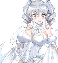 Rule 34 | 1girl, :d, armor, armored dress, bare shoulders, breasts, detached collar, dress, duel monster, fang, gloves, grey eyes, grey hair, highres, large breasts, lovely labrynth of the silver castle, momio, open mouth, pointy ears, simple background, slit pupils, smile, solo, white background, white dress, white gloves, yu-gi-oh!