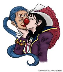 Rule 34 | 1boy, 1girl, alvida (one piece), artist name, bead necklace, beads, black hair, buggy the clown, closed eyes, clown nose, cowboy hat, disembodied head, earrings, facial hair, facial mark, flaggermousseart, hand on another&#039;s chin, hat, hat feather, jewelry, kiss, long hair, low ponytail, necklace, one piece, ponytail, red lips, red nose, simple background, watermark, web address, white background, white headwear