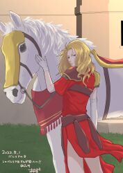 Rule 34 | 1girl, annzu namu, armor, blonde hair, dated, gensou suikoden, highres, horse, solo, valeria (suikoden)