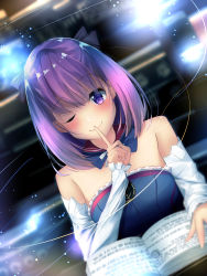 Rule 34 | 1girl, absurdres, bare shoulders, blurry, book, depth of field, detached collar, detached sleeves, dutch angle, fate/grand order, fate (series), finger to mouth, helena blavatsky (fate), highres, looking at viewer, one eye closed, open book, purple eyes, purple hair, short hair, smile, solo, strapless, suisen-21, sefirot