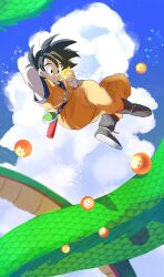 Rule 34 | 1boy, animal, ankle boots, aonano db, arm behind back, armpit crease, backlighting, black eyes, black footwear, black hair, blue sash, blue shirt, blue sky, boots, closed mouth, cloud, cloudy sky, collarbone, crossed ankles, cumulonimbus cloud, day, dragon, dragon ball, dragon ball (object), dragon radar, dragonball z, eastern dragon, facing viewer, fingernails, floating, glowing, green scales, hair between eyes, hand up, happy, highres, holding, light particles, looking at object, looking down, male focus, messy hair, ruyi jingu bang, obi, orange pants, orange shirt, outdoors, pants, parted bangs, rope, sash, scales, shade, shadow, shenron (dragon ball), shirt, sky, smile, son goku, spiked hair, sunlight, tareme, undershirt, weapon