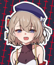 Rule 34 | 1girl, :d, absurdres, armband, azur lane, bare shoulders, beret, blue hat, blush, bow, breasts, brown hair, collarbone, covered collarbone, cross, hair between eyes, hair bow, hat, hat bow, highres, iron cross, looking at viewer, medium breasts, open mouth, outline, purple eyes, rock zinc, smile, solo, striped bow, upper body, white bow, white outline, z23 (azur lane)