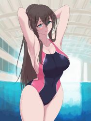 Rule 34 | 1girl, aqua eyes, armpits, arms behind head, arms up, assault lily, bare arms, bare shoulders, blue one-piece swimsuit, breasts, brown hair, cleavage, closed mouth, collarbone, commentary request, competition swimsuit, covered navel, cowboy shot, crossed bangs, dated commentary, groin, hair between eyes, highleg, highleg swimsuit, highres, indoors, large breasts, long hair, looking at viewer, mabuta kayumi, multicolored clothes, multicolored swimsuit, one-piece swimsuit, pink one-piece swimsuit, ponytail, pool, serizawa chikaru, sideboob, sidelocks, sketch background, smile, solo, standing, swimsuit, unfinished, very long hair, water