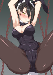 Rule 34 | 1girl, agent (girls&#039; frontline), alternate costume, alternate eye color, alternate hair color, animal ears, armpits, arms up, ass, asymmetrical hair, black bow, black bowtie, black hair, blush, bow, bowtie, breasts, brown pantyhose, chain, cleavage, commentary request, detached collar, double bun, girls&#039; frontline, green background, green hair, hair bun, highres, leotard, looking at viewer, maid headdress, medium breasts, messy hair, pantyhose, playboy bunny, rabbit ears, rabbit tail, restrained, sangue llia, scowl, sidelocks, solo, spread legs, sweat, tail, thighs, tsurime, yellow eyes