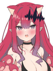 Rule 34 | 1girl, absurdres, animal ears, baobhan sith (fate), bare shoulders, bikini, black bikini, blush, breasts, cat ears, cat girl, cat paw, cleavage, fang, fate/grand order, fate (series), grey eyes, hair ornament, highres, large breasts, long hair, looking at viewer, open mouth, pink hair, pointy ears, shimejirou (000kk), sidelocks, solo, swimsuit, white background