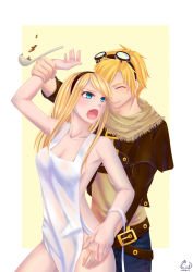 Rule 34 | 1boy, 1girl, :o, apron, belt, blonde hair, blue eyes, blush, breasts, cleavage, closed eyes, ezreal, goggles, goggles on head, hairband, holding another&#039;s wrist, ladle, league of legends, long hair, lux (league of legends), maomi wo, multiple belts, naked apron, smile, white background