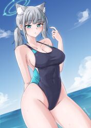 Rule 34 | 1girl, absurdres, animal ear fluff, animal ears, black one-piece swimsuit, blue archive, blue eyes, blue sky, breasts, cleavage, cloud, commentary, competition swimsuit, contrapposto, covered navel, cowboy shot, cross hair ornament, day, english commentary, extra ears, grey hair, hair ornament, halo, highleg, highleg swimsuit, highres, horizon, large breasts, looking at viewer, low ponytail, medium hair, mismatched pupils, multicolored clothes, multicolored swimsuit, ocean, one-piece swimsuit, outdoors, parted lips, razrafz, shiroko (blue archive), shiroko (swimsuit) (blue archive), sky, solo, swimsuit, wolf ears