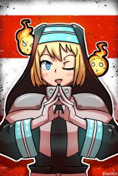 Rule 34 | 1girl, absurdres, artist name, blonde hair, blue eyes, blush, blush stickers, en&#039;en no shouboutai, hair between eyes, highres, iris (enen no shouboutai), long sleeves, looking at viewer, one eye closed, open mouth, own hands together, short hair, smile, solo, squidguu, twitter username