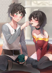 Rule 34 | 1boy, 1girl, :t, ^ ^, absurdres, arms between legs, asymmetrical legwear, bandaged leg, bandages, bare shoulders, belt, black belt, black choker, black footwear, black hair, black thighhighs, blurry, blurry background, blush, breasts, chestnut mouth, choker, cleavage cutout, closed eyes, closed mouth, clothing cutout, commentary, cookie, couple, crossed legs, double-parted bangs, dress, eating, food, green eyes, hair between eyes, happy, hetero, highres, holding, holding cookie, holding food, indoors, kono subarashii sekai ni shukufuku wo!, leaning forward, long sleeves, looking at another, megumin, mismatched legwear, red dress, sarasara shoyu, satou kazuma, short dress, short hair, short hair with long locks, sidelocks, sitting, small breasts, spiked hair, sweatdrop, thighhighs, thighs, v-shaped eyebrows, wariza, white day, wide sleeves, zettai ryouiki