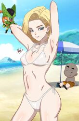 Rule 34 | 1boy, 1girl, 1other, android 18, arms behind head, beach, bikini, blonde hair, blue eyes, cell (dragon ball), creature, day, dragonball z, earrings, grin, highres, jewelry, kuririn, looking at another, looking at viewer, mountain, navel, semi-perfect cell, shiny skin, sitting, smile, standing, swimsuit, thighs, tongue, tongue out, umbrella, water