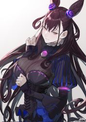 Rule 34 | 1girl, black dress, black hair, black sweater, blush, breasts, closed mouth, commentary request, cone hair bun, corset, curly hair, dated, double bun, dress, fate/grand order, fate (series), frilled shirt collar, frills, hair between eyes, hair bun, hair ornament, highres, large breasts, long hair, long sleeves, looking away, murasaki shikibu (fate), nao (syn eaa), pink eyes, ribbed sweater, signature, simple background, sleeves past wrists, solo, striped clothes, striped dress, sweater, upper body, very long hair, white background
