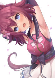 Rule 34 | 1girl, absurdres, animal ears, armpits, arms up, blue eyes, blush, breasts, collarbone, commentary request, detached sleeves, hair flaps, highres, horse ears, horse girl, horse tail, looking at viewer, medium breasts, open mouth, petals, pink hair, sakura chiyono o (umamusume), tail, umamusume, waity awa, white background