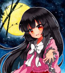 Rule 34 | 1girl, arm up, bad id, bad pixiv id, bamboo, black hair, blouse, blue background, blue sky, bow, collar, frills, full moon, hand up, houraisan kaguya, long hair, long sleeves, looking at viewer, moon, night, night sky, no headwear, open mouth, pink shirt, pink sleeves, qqqrinkappp, red eyes, red skirt, shikishi, shirt, skirt, sky, smile, solo, touhou, traditional media, white bow, white collar, white neckwear, yellow moon