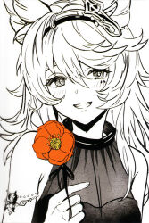 1girl absurdres animal_ears armlet cantate_(granblue_fantasy) erune facial_mark flower granblue_fantasy hairband highres holding holding_flower jewelry long_hair looking_at_viewer monochrome official_art poppy_(flower) portrait scan smile solo spot_color third-party_source