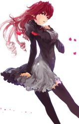 Rule 34 | 1girl, bad id, bad pixiv id, curly hair, dress, drill hair, hand on another&#039;s chest, hand on own chest, highres, long hair, nimirom, original, pointy ears, red eyes, red hair, solo, thighhighs, zettai ryouiki
