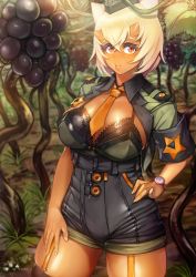 Rule 34 | 1girl, animal ears, armband, badge, black shorts, black thighhighs, bob cut, breasts, button badge, buttons, cameltoe, camisole, cleavage, collared jacket, commentary request, contrapposto, cowboy shot, cropped jacket, destiny child, eyelashes, garrison cap, garter straps, green camisole, green jacket, grin, hair between eyes, hand on own hip, hand on own thigh, hat, high-waist shorts, horns, itadaku, jacket, lace-trimmed camisole, lace trim, large breasts, lips, looking at viewer, mona (destiny child), necktie, open clothes, open jacket, orange eyes, orange necktie, outdoors, parted bangs, parted lips, pinky out, platinum blonde hair, shiny skin, shirt tucked in, short hair, short necktie, short shorts, short sleeves, shorts, slit pupils, smile, solo, spaghetti strap, standing, star (symbol), sunlight, thick thighs, thighhighs, thighs, tree, watch, wing collar, wristwatch, zipper