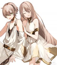 Rule 34 | 1girl, adele (fate), ancient greek clothes, armlet, blush, breasts, chiton, closed eyes, commentary, detached sleeves, dress, fate/grand order, fate (series), gold choker, green eyes, hair between eyes, hou (ppo), invisible chair, light brown hair, long hair, looking at viewer, makarios (fate), open mouth, short hair, siblings, signature, simple background, sitting, sleeveless, sleeveless dress, small breasts, smile, straight hair, sweatdrop, toga, twitter username, white background, white dress