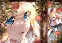 Rule 34 | 1girl, alice margatroid, blonde hair, blue dress, blue eyes, capelet, close-up, doll, dress, expressionless, eyes visible through hair, hair between eyes, hair ribbon, hand to own mouth, highres, indoors, light particles, lingyan heiye, lips, long hair, looking at viewer, parted lips, red ribbon, ribbon, shanghai doll, touhou, v arms, window