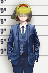 Rule 34 | 1girl, alice margatroid, alternate costume, bad id, bad twitter id, blazer, blonde hair, blue jacket, blue necktie, blue pants, blue vest, buttons, cigarette, collared shirt, commentary request, cookie (touhou), cowboy shot, crossdressing, formal, hair between eyes, hair over eyes, hairband, hands in pockets, height chart, highres, jacket, jigen (cookie), long sleeves, mugshot, necktie, ohasi, open mouth, pants, red hairband, shirt, smoking, solo, suit, touhou, vest, white shirt