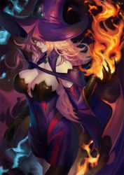 Rule 34 | 1girl, blazblue, breasts, cleavage, fire, hat, konoe a. mercury, large breasts, long hair, pink hair, tagme, witch hat