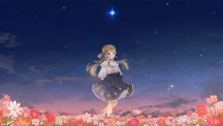 Rule 34 | 1girl, :d, bare shoulders, black bow, blush, bow, brown eyes, brown hair, collarbone, dress, field, flower, flower field, frilled skirt, frills, hair ribbon, hanako151, highres, long hair, night, night sky, open mouth, outdoors, puffy sleeves, ribbon, shirt, skirt, sky, smile, solo, standing, star (sky), star (symbol), star print, starry sky, starry sky print, striped clothes, striped shirt, twintails, vertical-striped clothes, vertical-striped shirt, very long hair, vocaloid, white shirt, xin hua, xin hua (vocaloid4) (japanese)