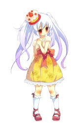Rule 34 | 1girl, blush, bow, brown eyes, cake, child, dress, food, fruit, hantoumei namako, hat, highres, purple hair, ribbon, shoes, simple background, socks, solo, strawberry, top hat, twintails, white background