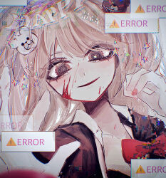 Rule 34 | 1girl, bear hair ornament, black shirt, blood, blood on face, bow, collarbone, crazy eyes, crazy smile, danganronpa: trigger happy havoc, danganronpa (series), enoshima junko, error message, hair ornament, hands up, highres, long hair, naruse (nal1525), open mouth, portrait, red bow, red nails, shirt, smile
