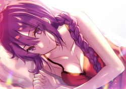 Rule 34 | 1girl, bed, braid, breasts, fate/grand order, fate (series), fuyuki (neigedhiver), light, long hair, looking at viewer, lying, melty blood, purple eyes, purple hair, sion eltnam atlasia, smile, solo, tsukihime, underwear