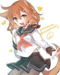 Rule 34 | 10s, 1girl, 2014, anchor symbol, animal ears, brown hair, dated, dog ears, fang, hair ornament, hairclip, heart, ikazuchi (kancolle), kantai collection, looking at viewer, open mouth, petite, school uniform, serafuku, signature, skirt, smile, solo, tail, takeshima eku, twitter username, yellow eyes