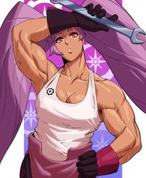 Rule 34 | 1girl, absurdres, breasts, cleavage, dark-skinned female, dark skin, entrapta, gloves, hand on own hip, highres, long hair, medium breasts, muscular, muscular female, purple eyes, purple hair, she-ra and the princesses of power, sotcho, sweat, tank top, twintails, upper body, very long hair, wrench
