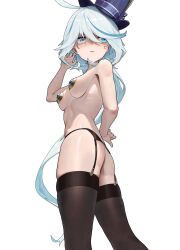 Rule 34 | 1girl, a kite (akitee), absurdres, ahoge, ass, bare shoulders, black thighhighs, blue eyes, breasts, covered erect nipples, furina (genshin impact), garter belt, garter straps, genshin impact, hat, highres, looking back, miniskirt, no panties, parted lips, simple background, skirt, small breasts, solo, standing, tachi-e, thighhighs, top hat, white background, white hair