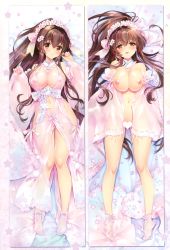 Rule 34 | 1girl, absurdres, alternate costume, blush, breasts squeezed together, breasts, brown eyes, brown hair, carnelian, censored, cherry blossoms, dakimakura (medium), detached collar, detached sleeves, dress, female focus, flower, full body, functionally nude, hair between eyes, hair flower, hair ornament, heart, heart censor, highres, japanese clothes, kantai collection, kimono, large breasts, long hair, looking at viewer, lying, matching hair/eyes, multiple views, naked kimono, navel, nipples, open clothes, open kimono, petals, ponytail, ribbon-trimmed sleeves, ribbon trim, scan, see-through, see-through dress, socks, very long hair, wide sleeves, yamato (kancolle)