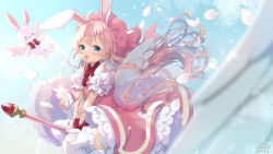 Rule 34 | 1girl, :d, animal ears, beret, blue eyes, blue sky, blurry, blurry foreground, blush, bow, commentary, copyright request, dated, day, depth of field, detached wings, dress, english commentary, feet out of frame, frilled thighhighs, frills, gloves, hat, highres, long hair, looking at viewer, neki (wakiko), open mouth, outdoors, pink dress, pink hair, pink hat, puffy short sleeves, puffy sleeves, rabbit ears, red bow, shirt, short sleeves, signature, sky, sleeveless, sleeveless dress, smile, solo, stuffed animal, stuffed rabbit, stuffed toy, thighhighs, very long hair, white gloves, white shirt, white thighhighs, white wings, wings