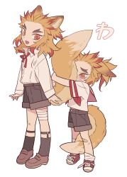 Rule 34 | 2boys, absurdres, aged down, alternate costume, animal ears, bandaid, bandaid on knee, bandaid on leg, between legs, blonde hair, brown footwear, collared shirt, colored tips, commentary request, crying, crying with eyes open, forked eyebrows, fox boy, fox ears, fox tail, full body, highres, hugging another&#039;s tail, hugging tail, kemonomimi mode, kimetsu no yaiba, kneehighs, loafers, long hair, long sleeves, looking back, male focus, meremero, multicolored hair, multiple boys, neck ribbon, open mouth, red eyes, red hair, red ribbon, rengoku kyoujurou, rengoku senjurou, ribbon, sailor collar, sailor shirt, shirt, shoes, short sleeves, simple background, smile, sneakers, socks, standing, tail, tail between legs, tears, translation request, white background, white shirt