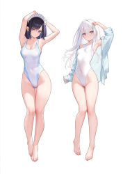 Rule 34 | 2girls, armpits, arms up, bare arms, bare shoulders, black hair, breasts, cleavage, covered navel, highleg, highleg swimsuit, highres, large breasts, long hair, long sleeves, looking at viewer, maid headdress, mignon, multiple girls, off shoulder, one-piece swimsuit, original, purple eyes, sarah-san (mignon), shiro-chan (mignon), short hair, simple background, small breasts, swimsuit, thighs, white background, white hair, white headwear, white one-piece swimsuit