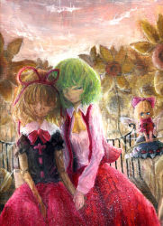 Rule 34 | 2girls, ascot, backlighting, bench, between legs, black shirt, black skirt, blonde hair, blue eyes, bow, closed eyes, cloud, collared shirt, colored eyelashes, commentary request, cracked skin, doll, doll joints, finale inoue, flower, green hair, hair bow, hair ribbon, half-closed eyes, hand between legs, highres, holding, holding flower, holding hands, joints, kazami yuuka, light rays, lily of the valley, lips, long skirt, long sleeves, looking at another, looking to the side, medicine melancholy, morning, multiple girls, one eye closed, pink sky, plaid, plaid skirt, plaid vest, red shirt, ribbon, ribbon-trimmed skirt, ribbon trim, shirt, short hair, skirt, sky, smile, su-san, sunlight, sunrise, touhou, traditional media, vest